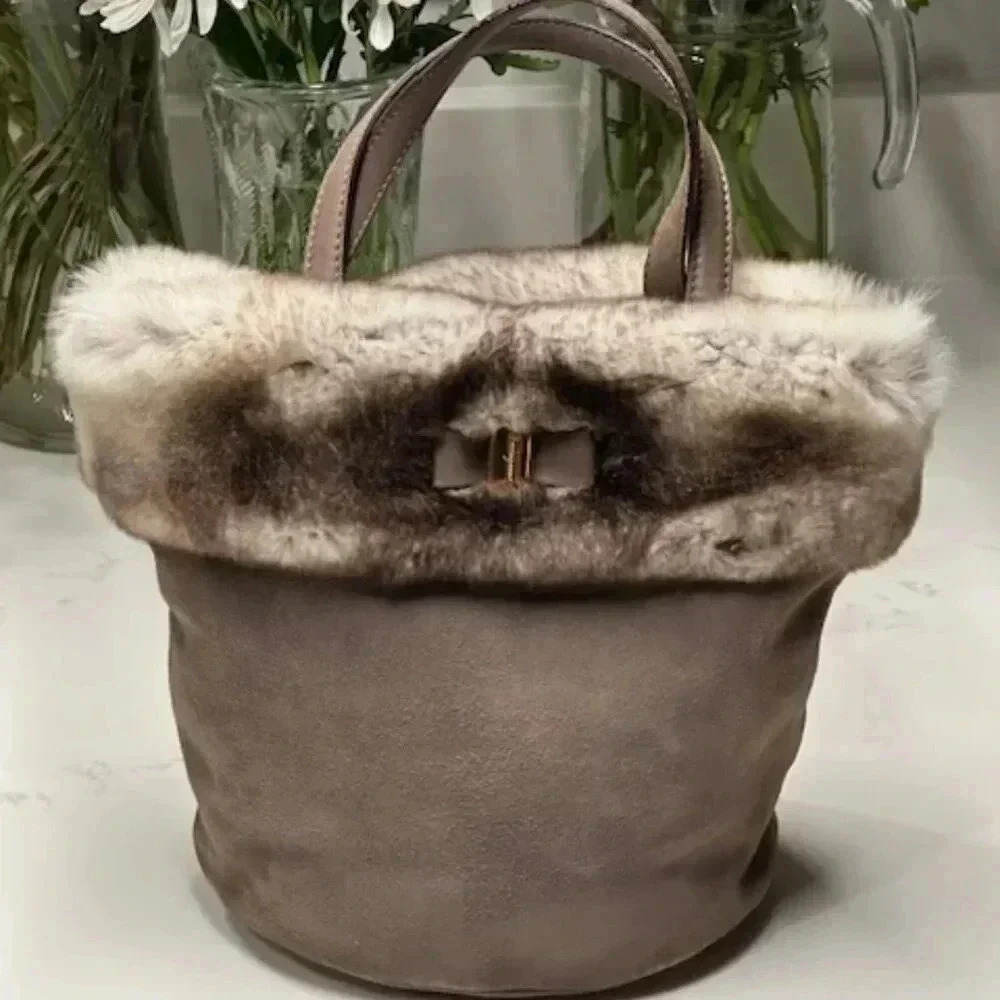 🧚🏻HOST PICK🧚🏻 Salvatore Ferragamo Suede Handbag Tote Fur Trimmed EUC - Picture 2 of 13